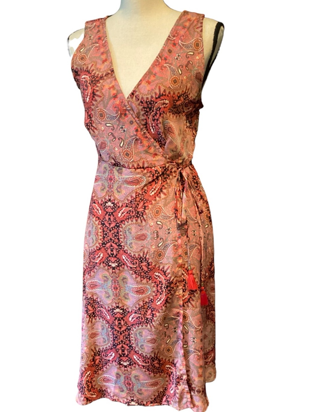 Karma Highway Paisley Boho Faux Wrap Dress One Size Tassel Tie Festival Airy